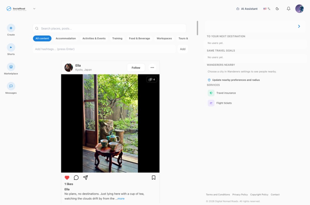 socialroad feed — search, filters, and posts